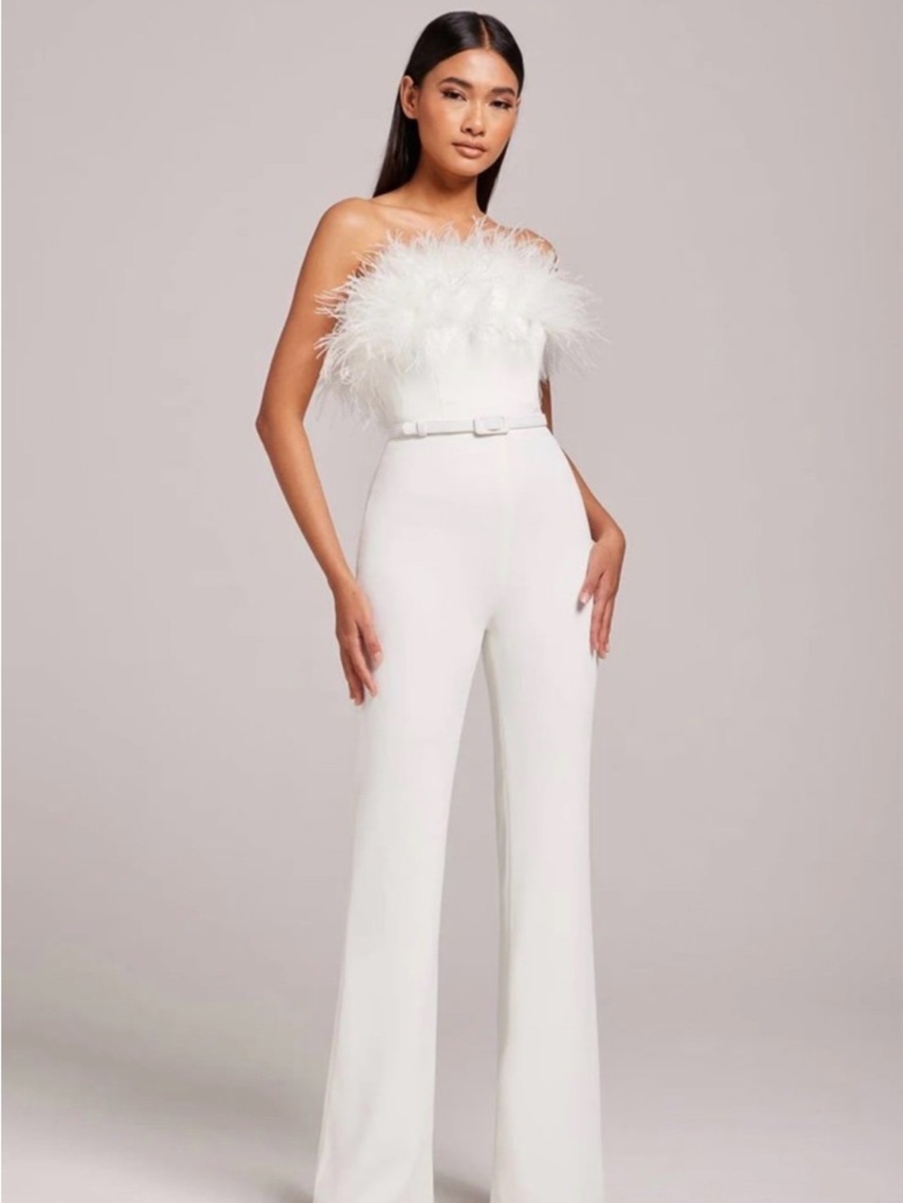 NADINE MERABI White Strapless Feather Bodice Wide-Leg Jumpsuit